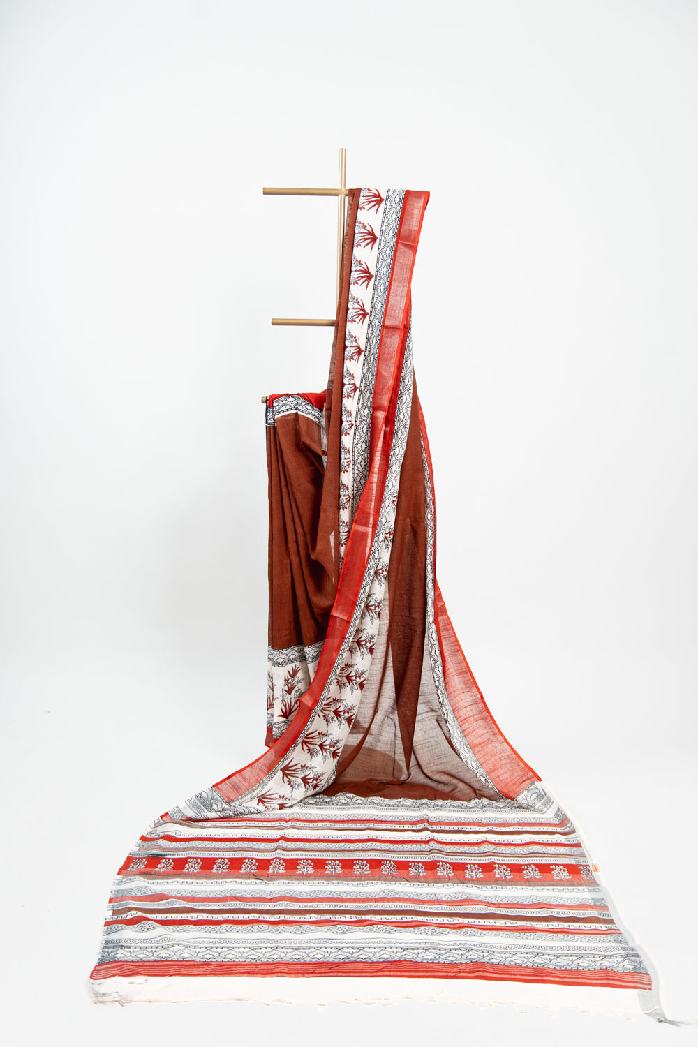 Rust Brown & Crimson Red Linen Cotton Saree