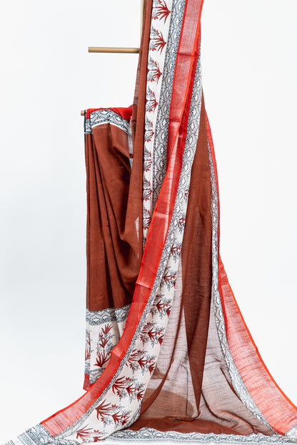 Rust Brown & Crimson Red Linen Cotton Saree