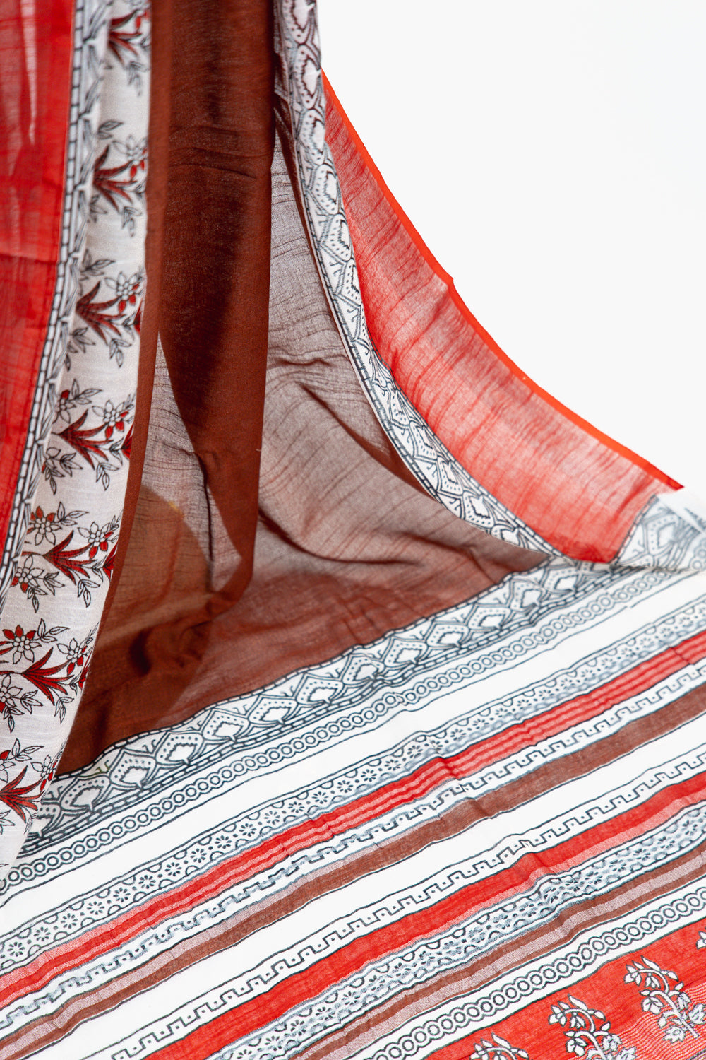 Rust Brown & Crimson Red Linen Cotton Saree