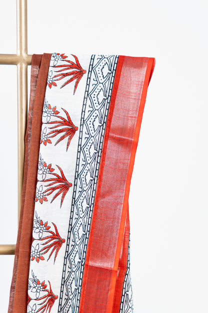 Rust Brown & Crimson Red Linen Cotton Saree