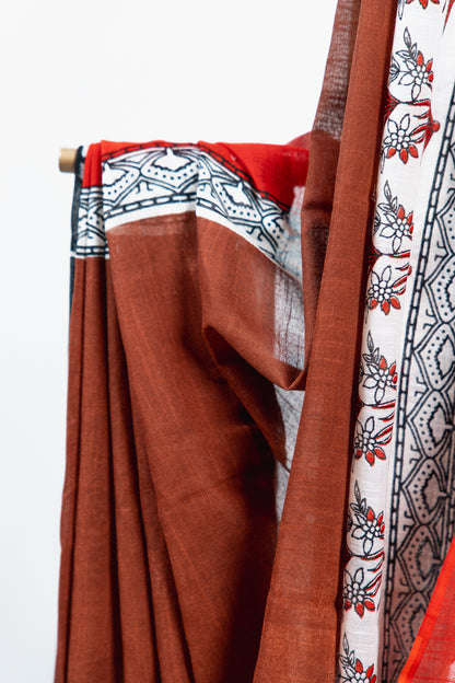 Rust Brown & Crimson Red Linen Cotton Saree