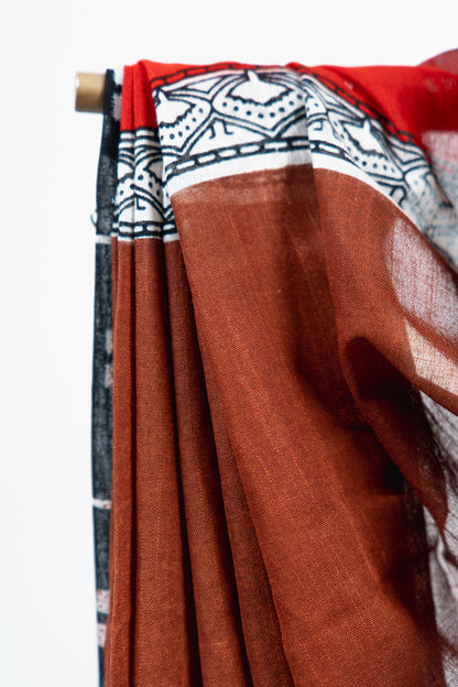 Rust Brown & Crimson Red Linen Cotton Saree