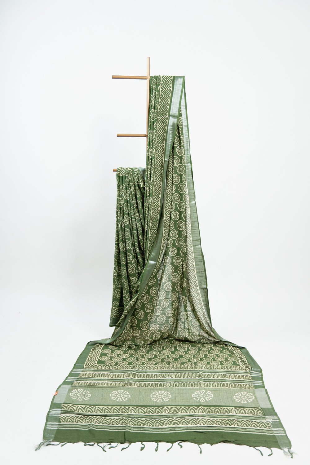 Olive Green Linen Cotton Saree with Floral Wheel Motifs & Zigzag Border