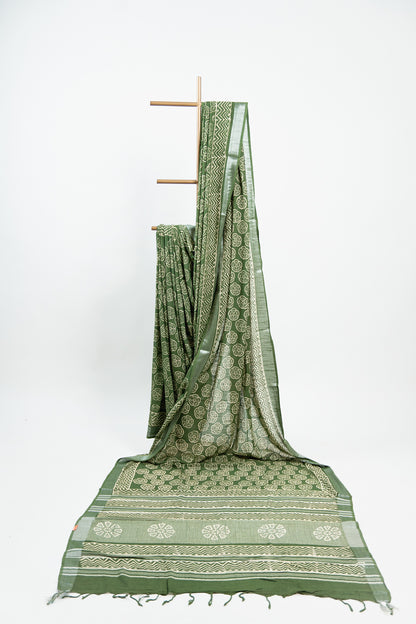 Olive Green Linen Cotton Saree with Floral Wheel Motifs & Zigzag Border