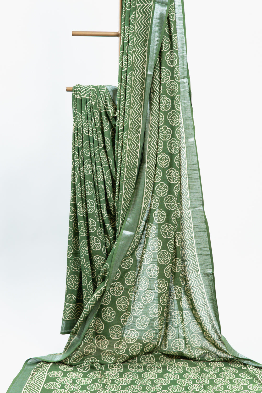 Olive Green Linen Cotton Saree with Floral Wheel Motifs & Zigzag Border