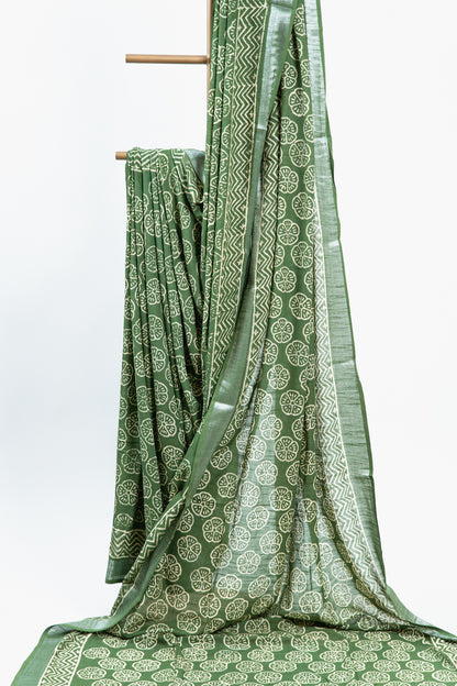 Olive Green Linen Cotton Saree with Floral Wheel Motifs & Zigzag Border