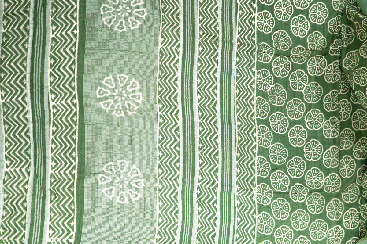 Olive Green Linen Cotton Saree with Floral Wheel Motifs & Zigzag Border