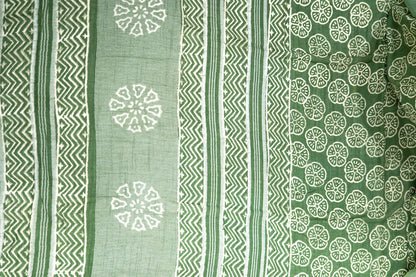 Olive Green Linen Cotton Saree with Floral Wheel Motifs & Zigzag Border