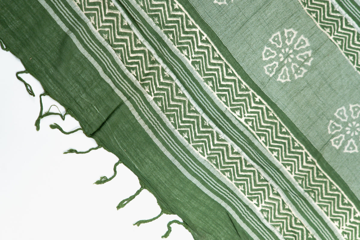 Olive Green Linen Cotton Saree with Floral Wheel Motifs & Zigzag Border