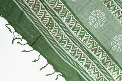 Olive Green Linen Cotton Saree with Floral Wheel Motifs & Zigzag Border