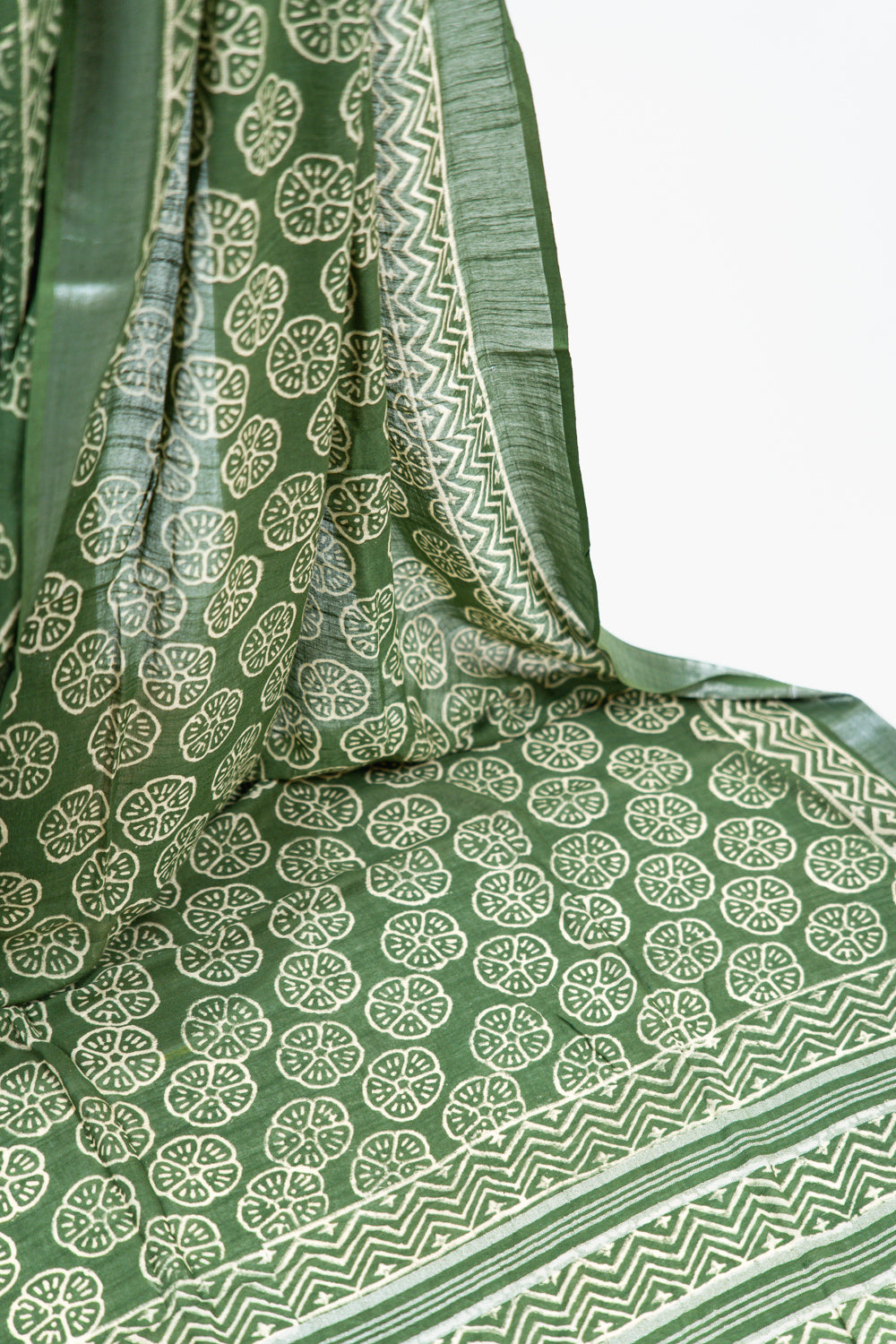 Olive Green Linen Cotton Saree with Floral Wheel Motifs & Zigzag Border