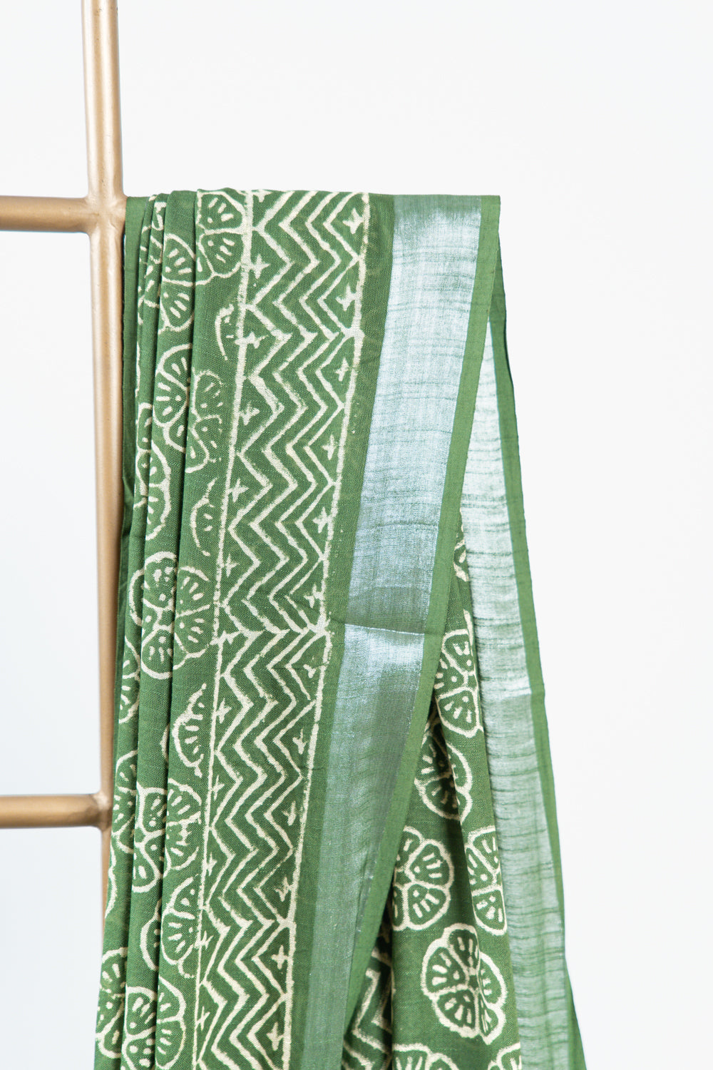 Olive Green Linen Cotton Saree with Floral Wheel Motifs & Zigzag Border