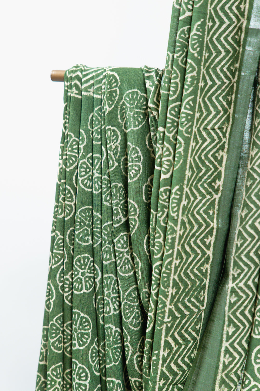 Olive Green Linen Cotton Saree with Floral Wheel Motifs & Zigzag Border