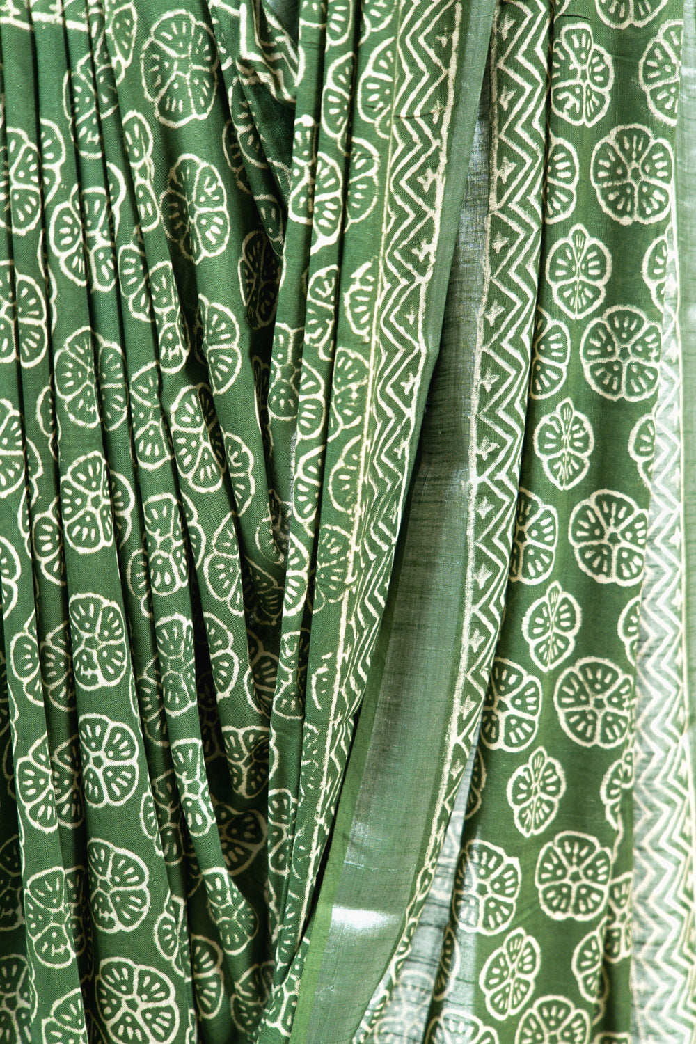 Olive Green Linen Cotton Saree with Floral Wheel Motifs & Zigzag Border