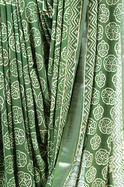 Olive Green Linen Cotton Saree with Floral Wheel Motifs & Zigzag Border