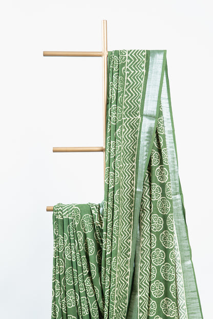 Olive Green Linen Cotton Saree with Floral Wheel Motifs & Zigzag Border