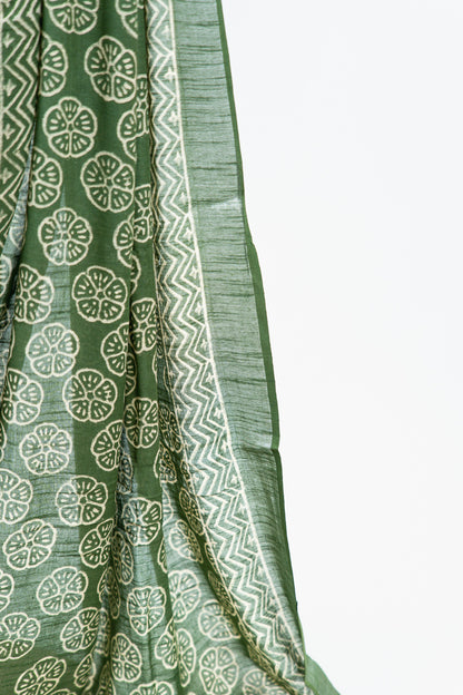 Olive Green Linen Cotton Saree with Floral Wheel Motifs & Zigzag Border