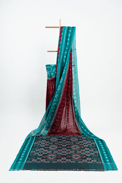 Turquoise Sambalpuri Cotton Saree with Stepped Diamond Ikat