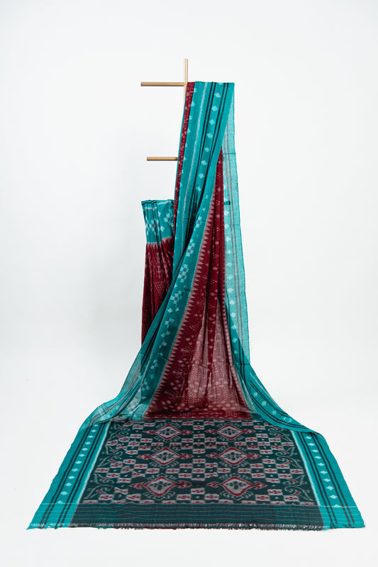 Turquoise Sambalpuri Cotton Saree with Stepped Diamond Ikat