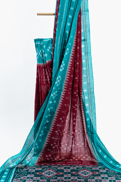 Turquoise Sambalpuri Cotton Saree with Stepped Diamond Ikat