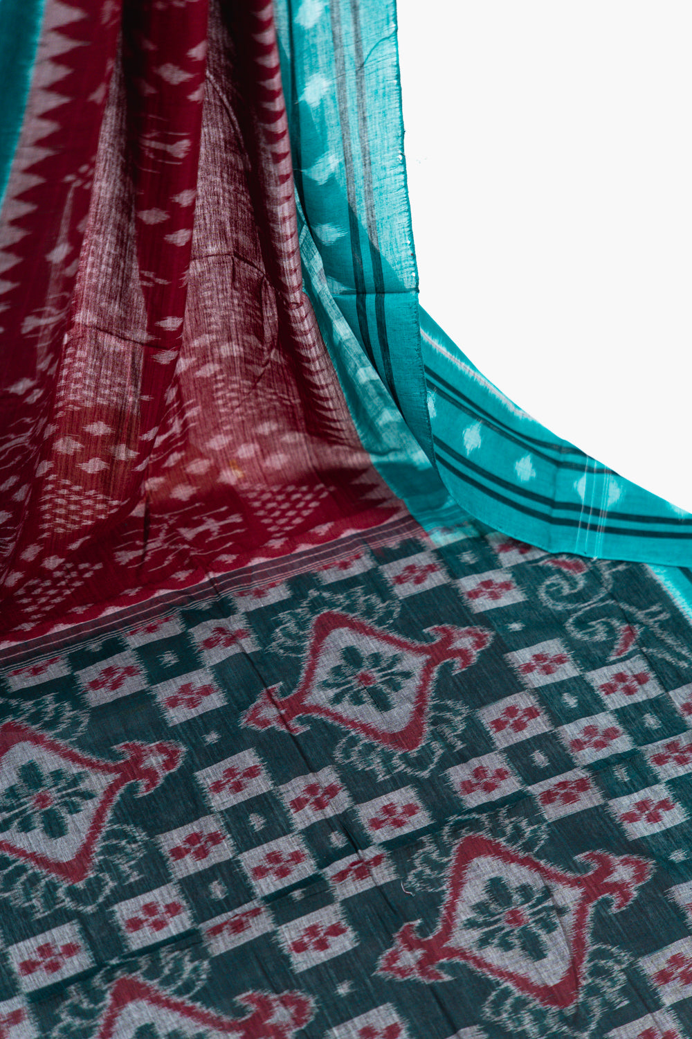Turquoise Sambalpuri Cotton Saree with Stepped Diamond Ikat