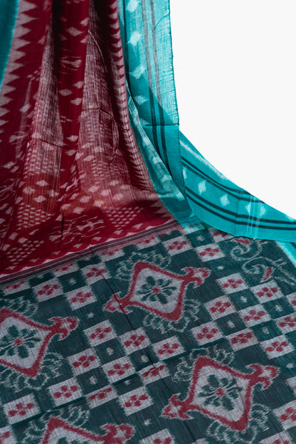 Turquoise Sambalpuri Cotton Saree with Stepped Diamond Ikat