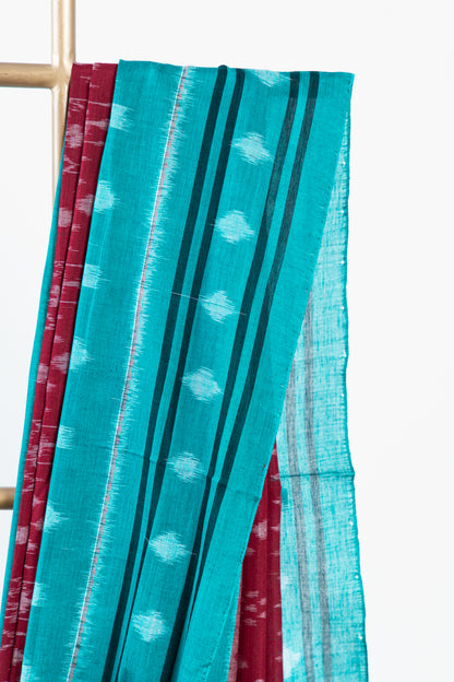 Turquoise Sambalpuri Cotton Saree with Stepped Diamond Ikat