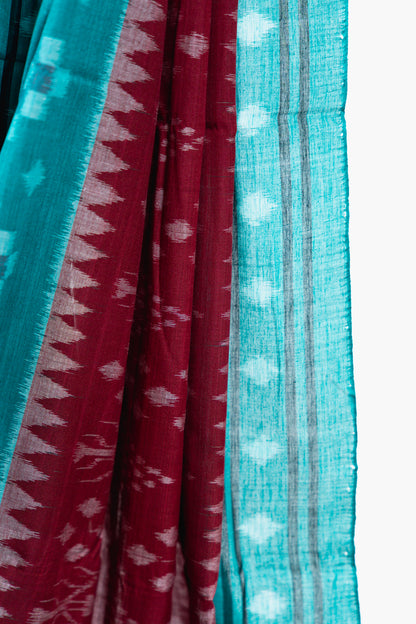Turquoise Sambalpuri Cotton Saree with Stepped Diamond Ikat
