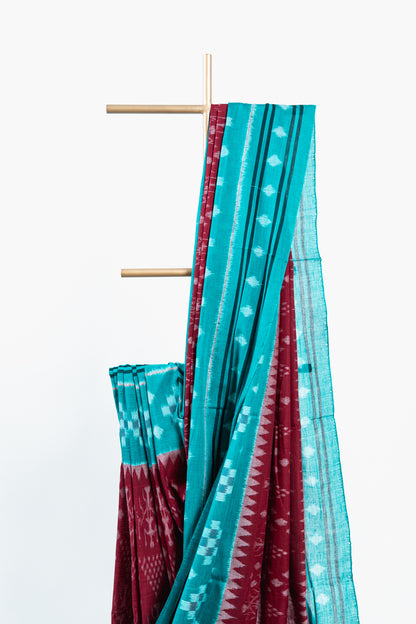 Turquoise Sambalpuri Cotton Saree with Stepped Diamond Ikat