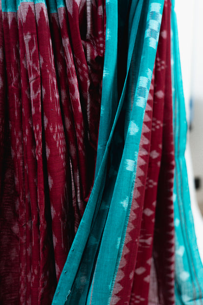Turquoise Sambalpuri Cotton Saree with Stepped Diamond Ikat