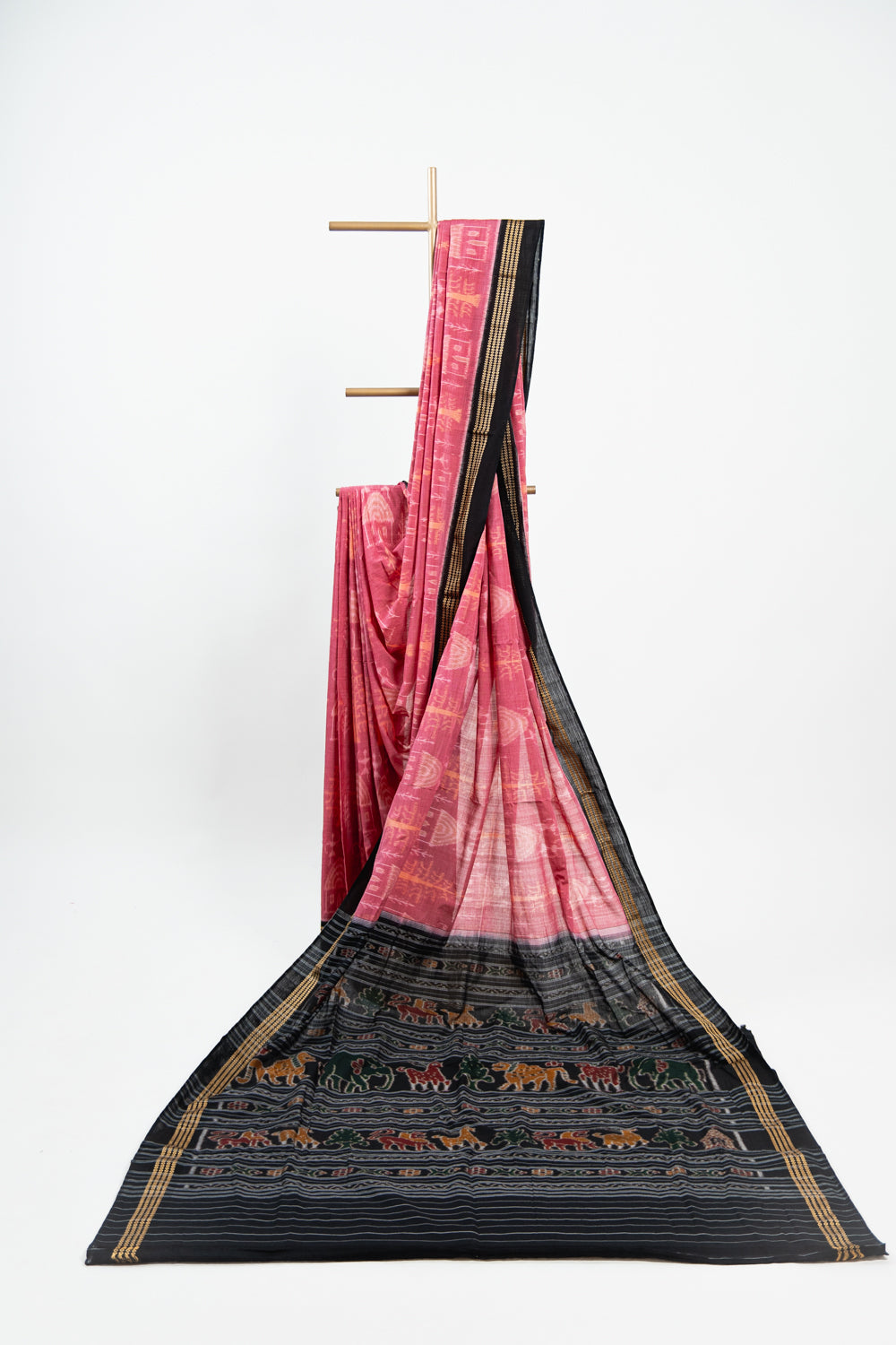 Coral Red Sambalpuri Cotton Saree with Temple & Tree Ikat
