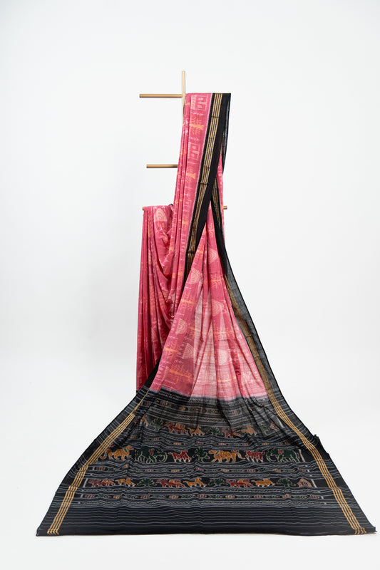 Coral Red Sambalpuri Cotton Saree with Temple & Tree Ikat