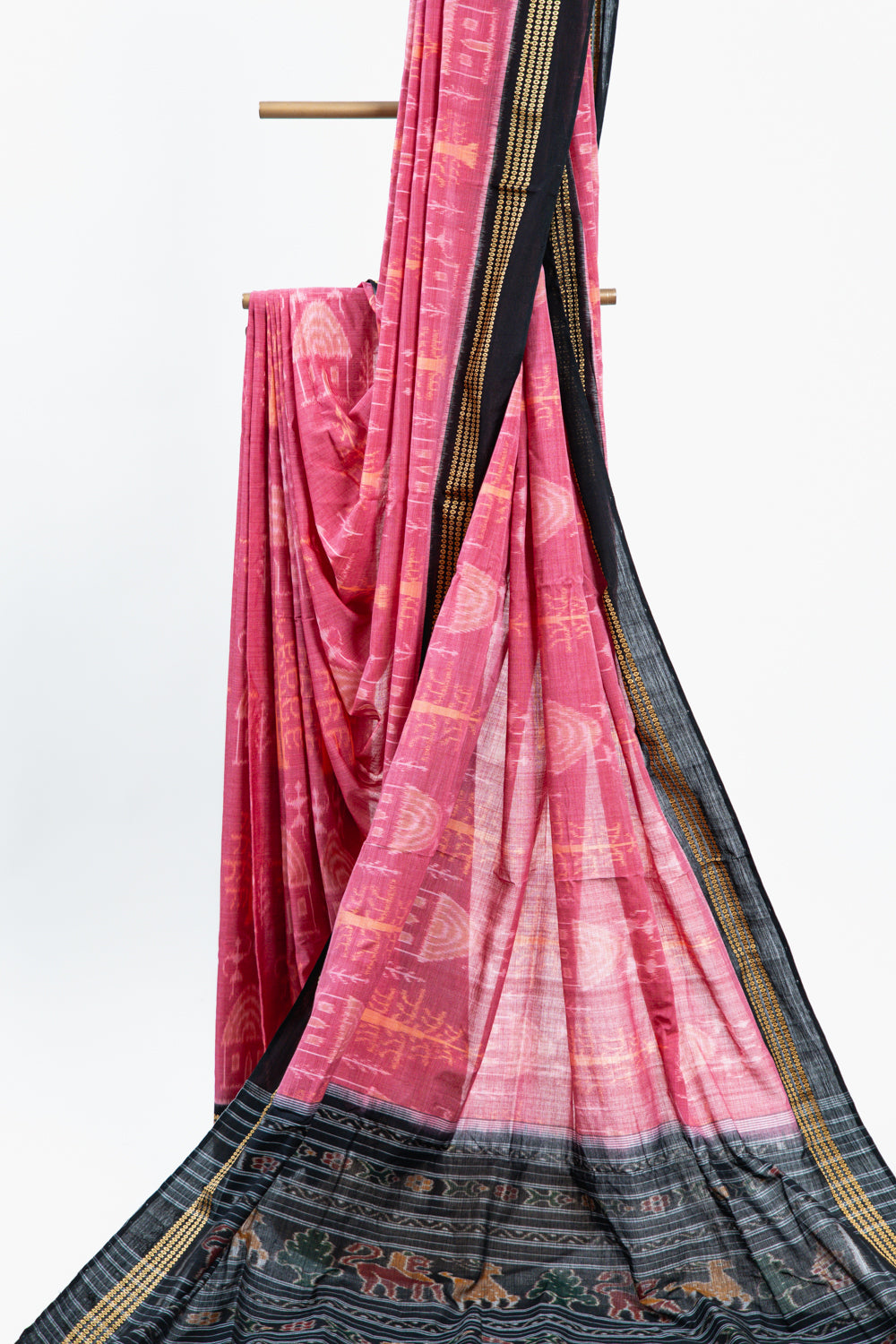 Coral Red Sambalpuri Cotton Saree with Temple & Tree Ikat