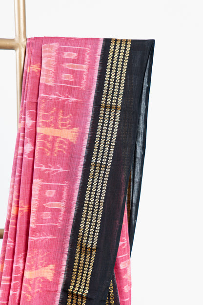 Coral Red Sambalpuri Cotton Saree with Temple & Tree Ikat