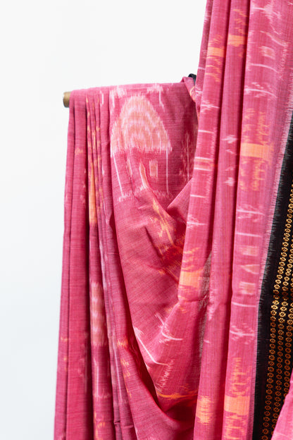 Coral Red Sambalpuri Cotton Saree with Temple & Tree Ikat