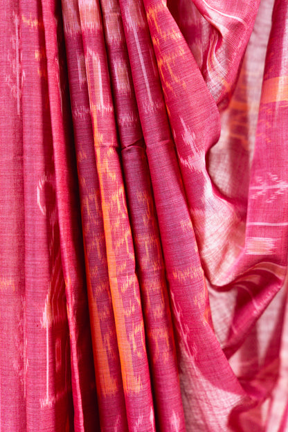 Coral Red Sambalpuri Cotton Saree with Temple & Tree Ikat