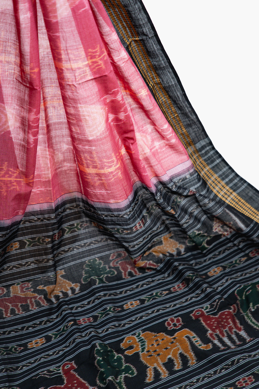 Coral Red Sambalpuri Cotton Saree with Temple & Tree Ikat