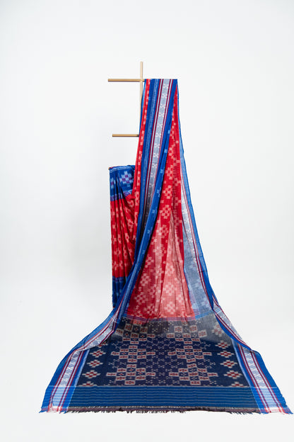 Red & Royal Blue Sambalpuri Cotton Saree with Pyramid Ikat