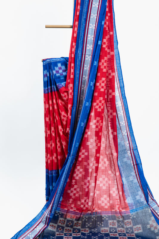 Red & Royal Blue Sambalpuri Cotton Saree with Pyramid Ikat