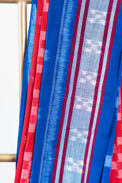 Red & Royal Blue Sambalpuri Cotton Saree with Pyramid Ikat