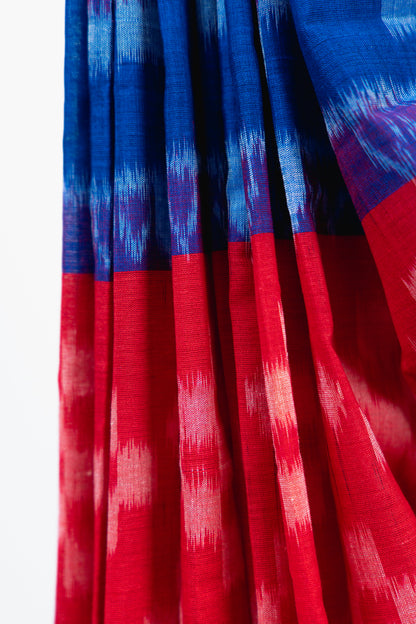 Red & Royal Blue Sambalpuri Cotton Saree with Pyramid Ikat