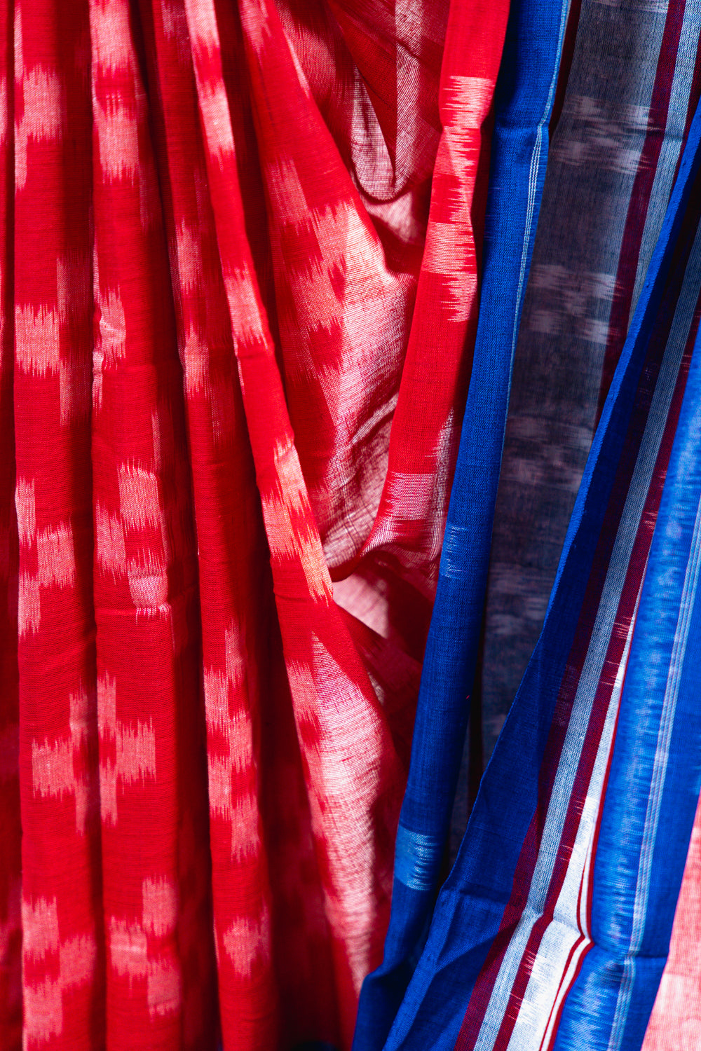 Red & Royal Blue Sambalpuri Cotton Saree with Pyramid Ikat