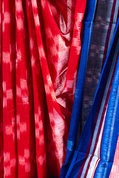Red & Royal Blue Sambalpuri Cotton Saree with Pyramid Ikat