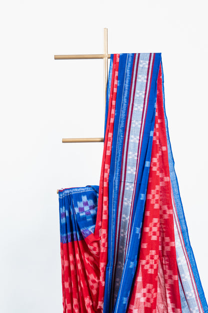 Red & Royal Blue Sambalpuri Cotton Saree with Pyramid Ikat