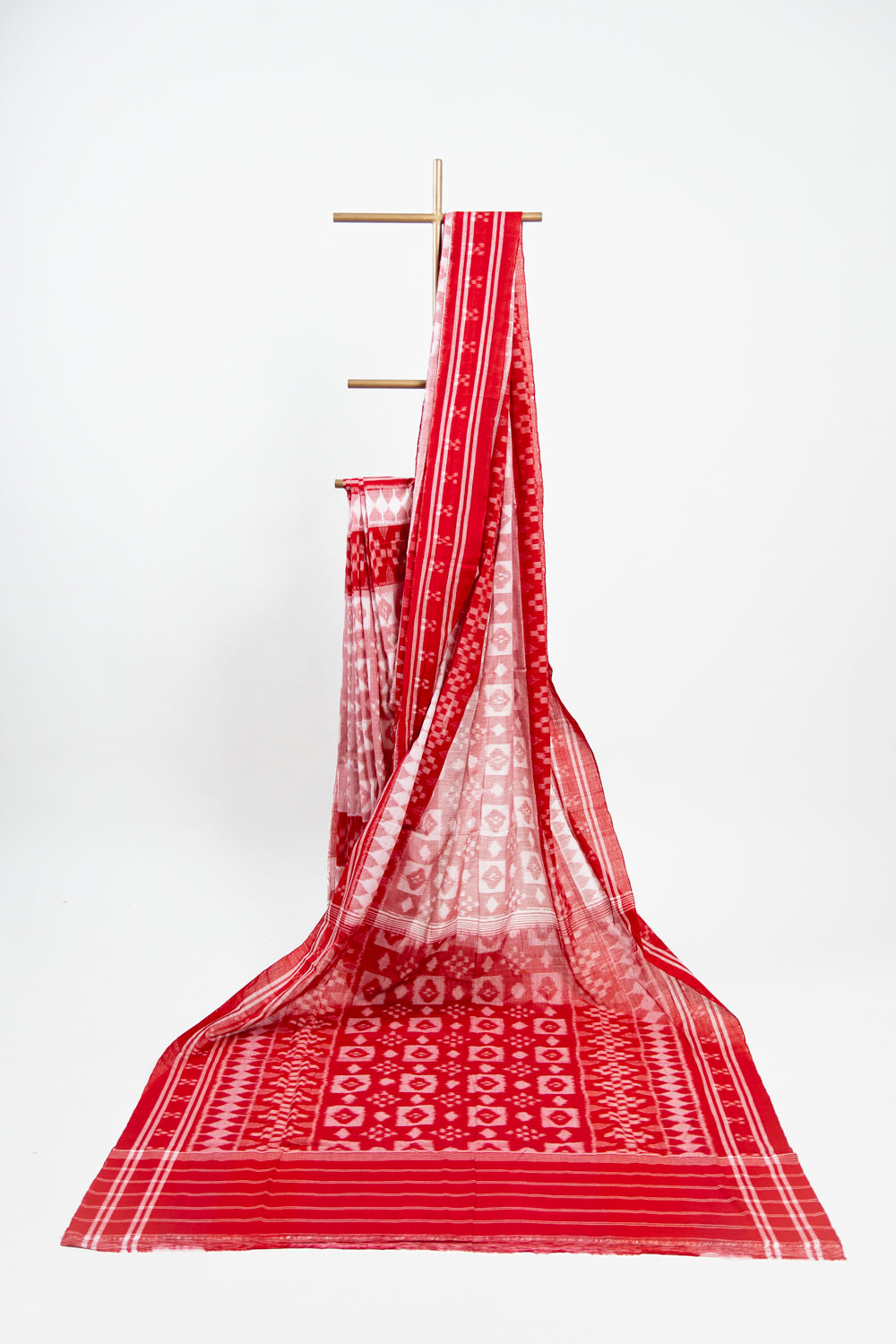 Crimson & Cream Sambalpuri Cotton Saree with Diamond Chevron Ikat