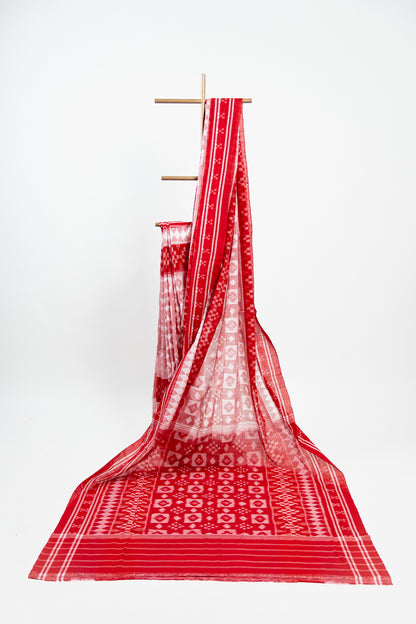 Crimson & Cream Sambalpuri Cotton Saree with Diamond Chevron Ikat