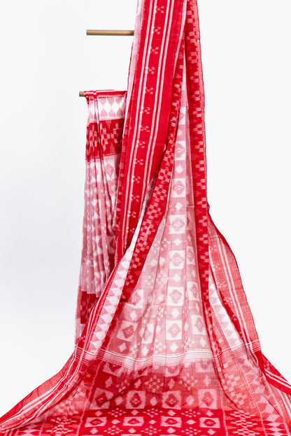 Crimson & Cream Sambalpuri Cotton Saree with Diamond Chevron Ikat