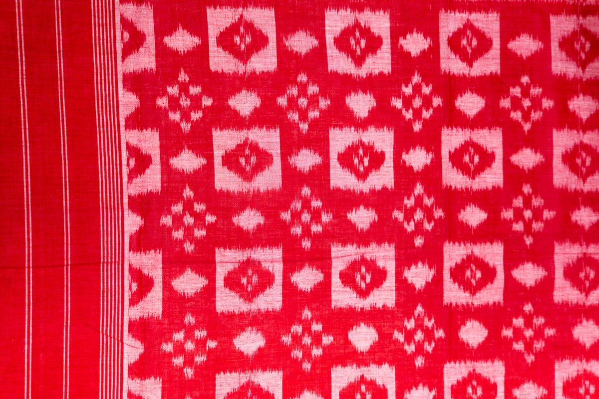 Crimson & Cream Sambalpuri Cotton Saree with Diamond Chevron Ikat