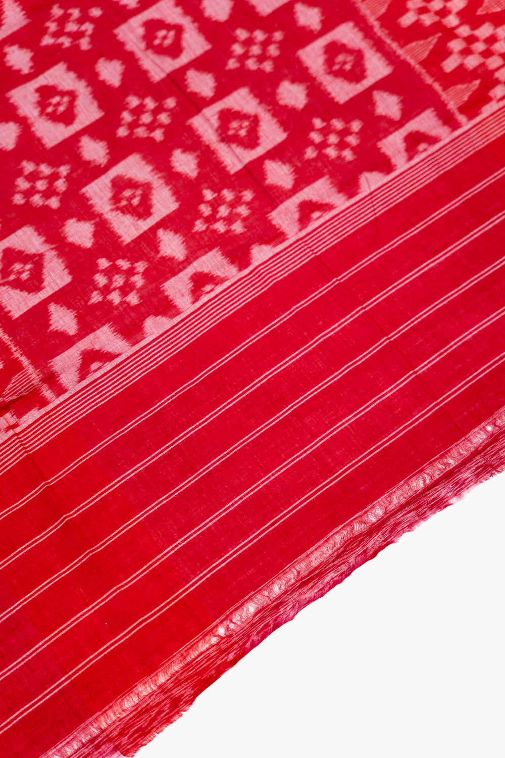 Crimson & Cream Sambalpuri Cotton Saree with Diamond Chevron Ikat