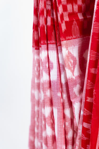 Crimson & Cream Sambalpuri Cotton Saree with Diamond Chevron Ikat